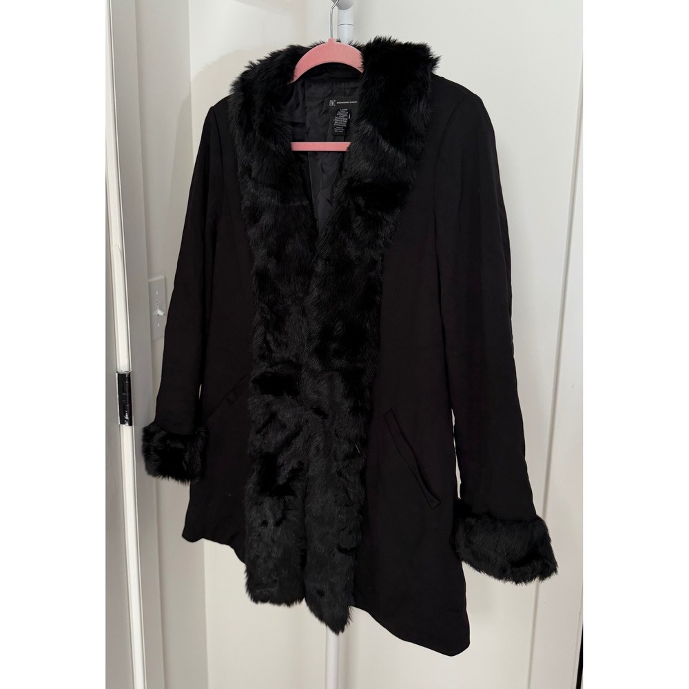 INC International Concepts Coat Women Large Black Faux Fur Trim Hook Closure